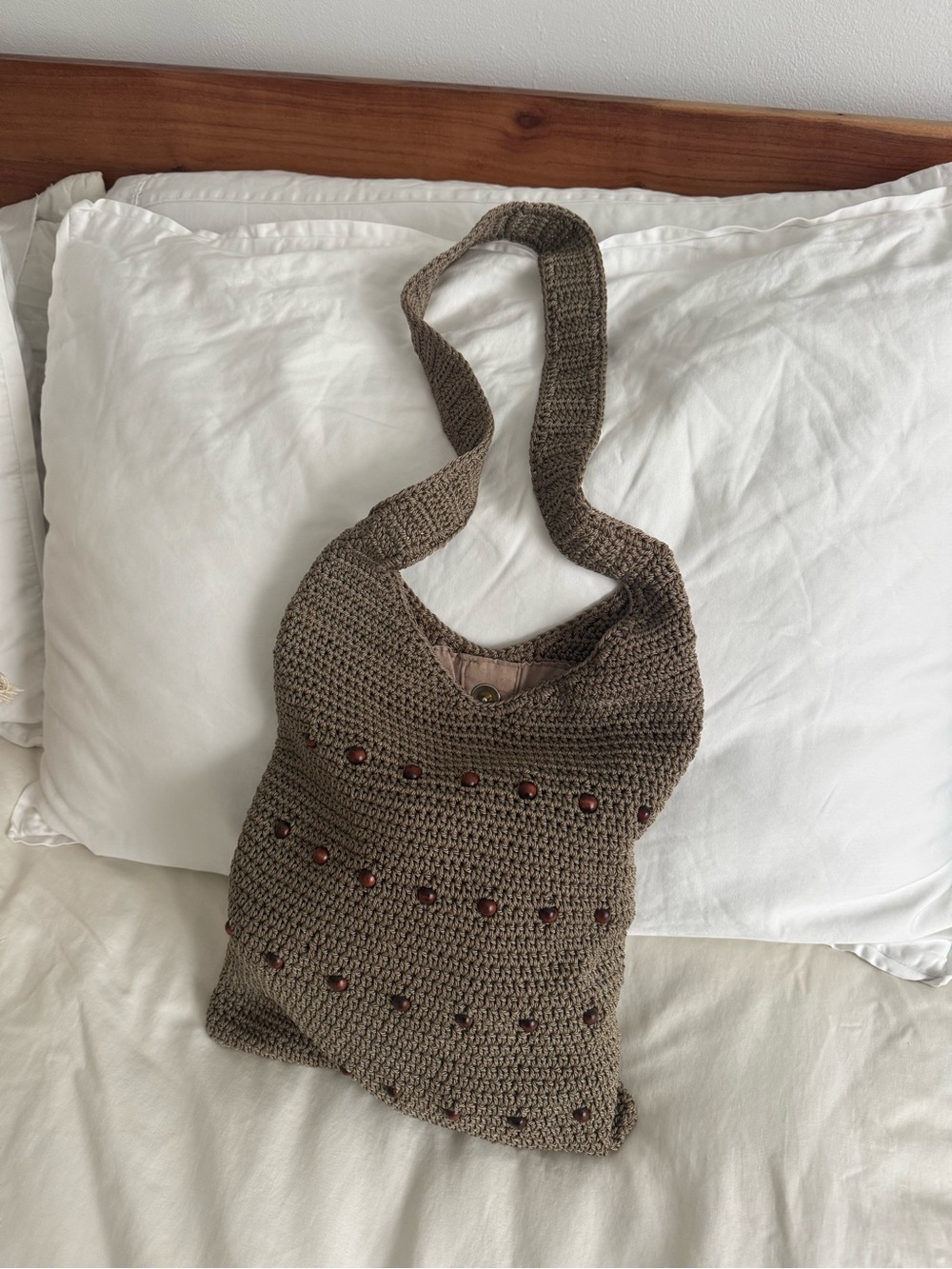 Vintage Woven Brown Shoulder Bag with Wood Bead Accents